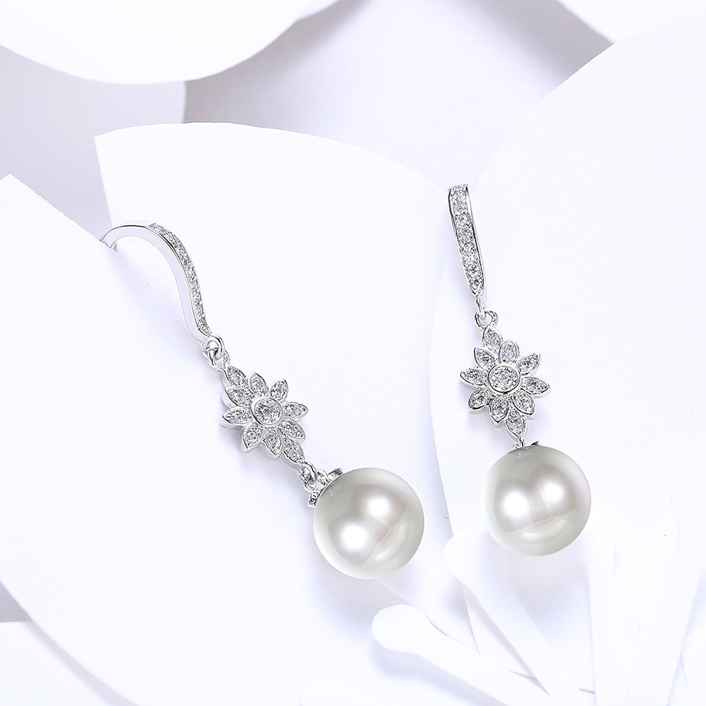 Freshwater Pearl Starburst Drop Earring in 18K White Gold Plated with  Crystals