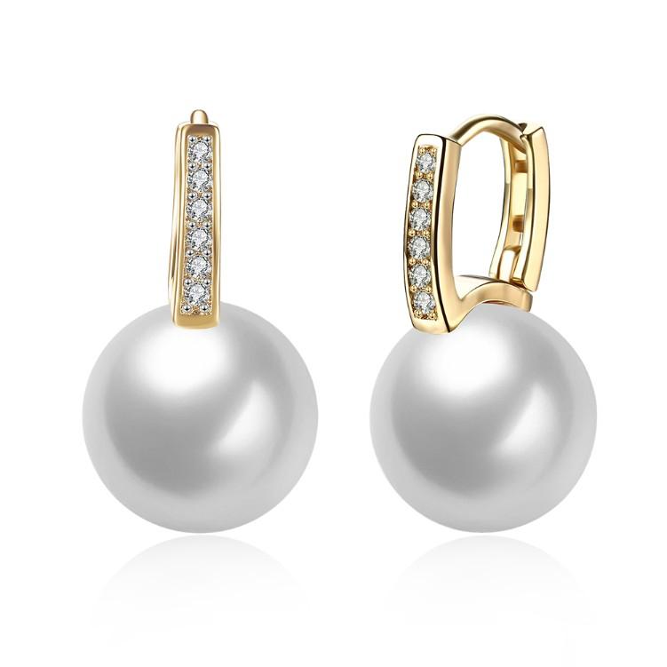 Micro-Pav'e Swarovski Crystal Curved Pearl Huggie Earrings Set in 18K Gold, Earring, ALILY , ALILY  fashion jewelry, cheap jewelry, jewelry for mom,