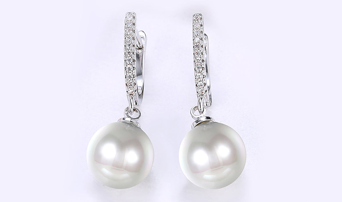 White Sapphire Thin Dangling Freshwater Pearl Clip On Earrings in 14K White Gold Plating