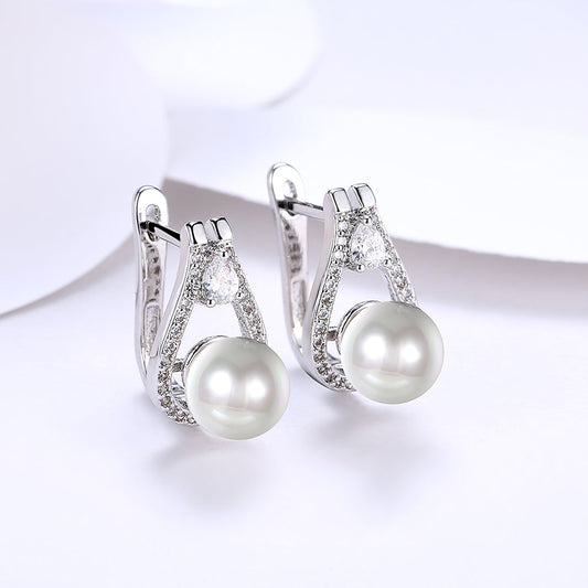 Freshwater Pearl Leverback Earring in 18K White Gold Plated with  Crystals