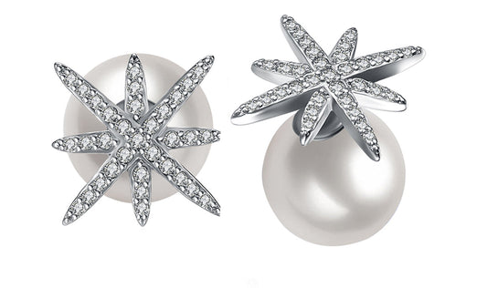 Freshwater Pearl White Sapphire Pav'e Starburst Studs in 14K White Gold Plating