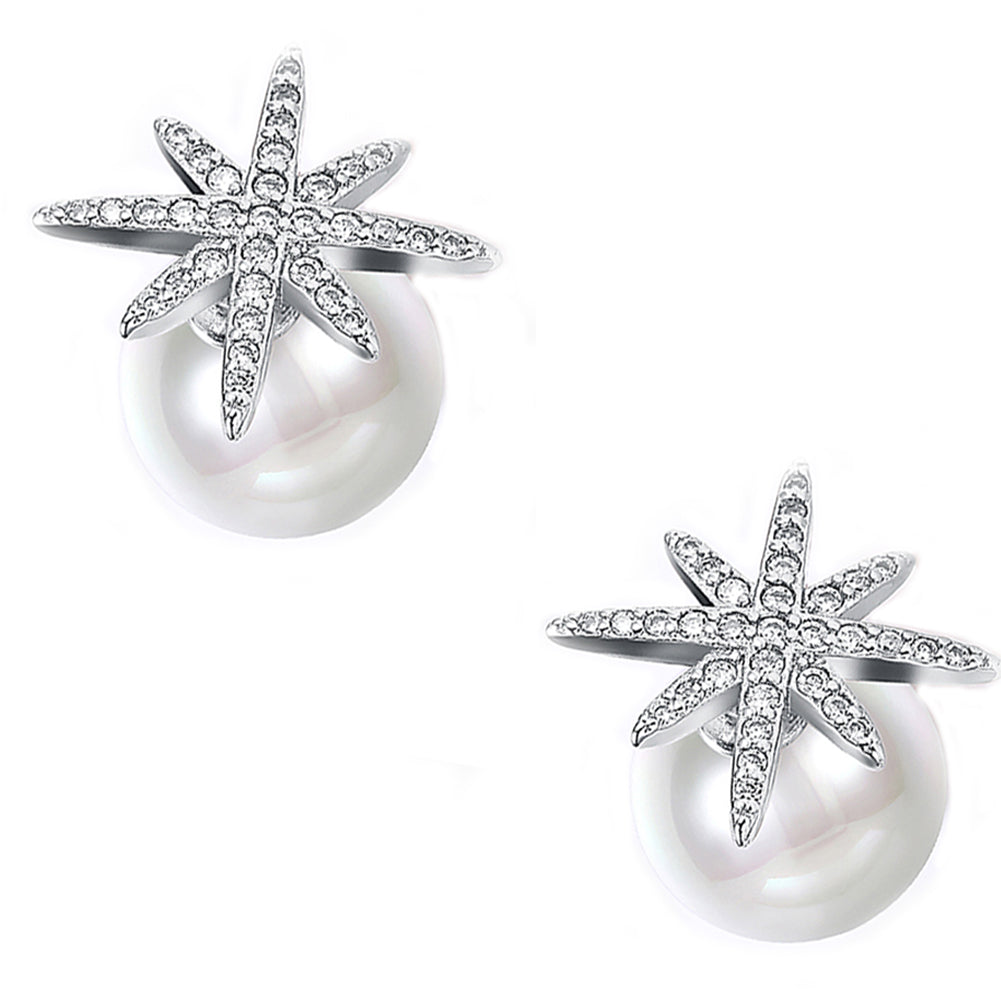 Starburst Freshwater Pearl Double Stud Earring in 18K White Gold Plated with  Crystals