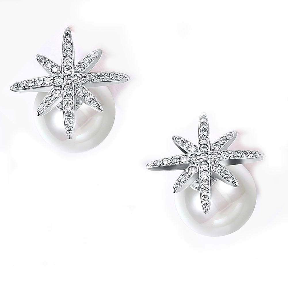 Starburst Freshwater Pearl Double Stud Earring in 18K White Gold Plated with  Crystals