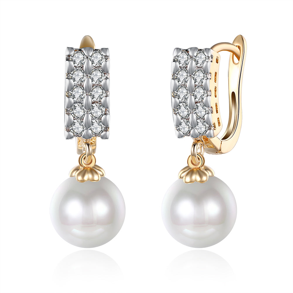 Double Row Freshwater Pearl Drop Huggie Earring in 18K Gold Plated with  Crystals
