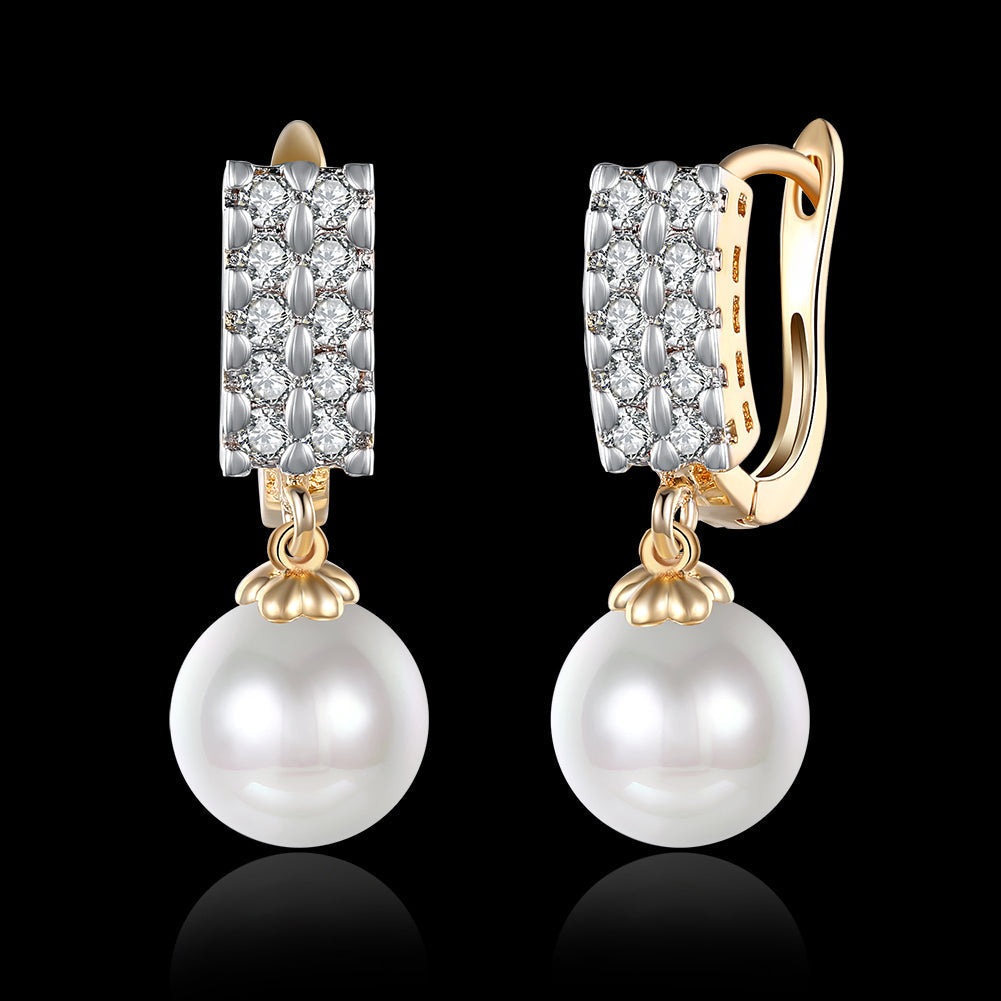 Double Row Freshwater Pearl Drop Huggie Earring in 18K Gold Plated with  Crystals