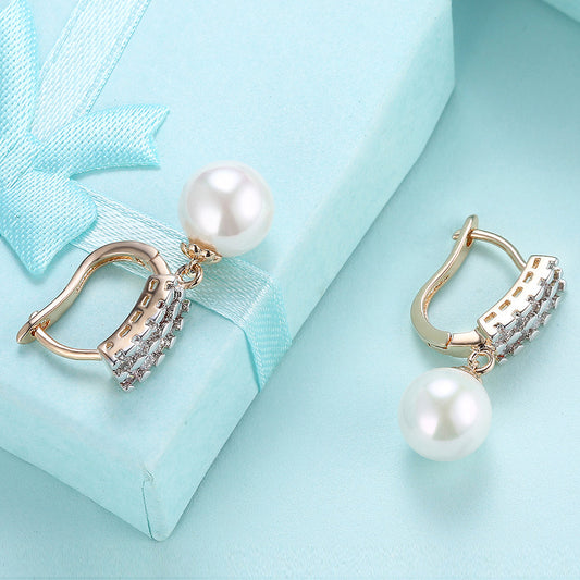 Double Row Freshwater Pearl Drop Huggie Earring in 18K Gold Plated with  Crystals