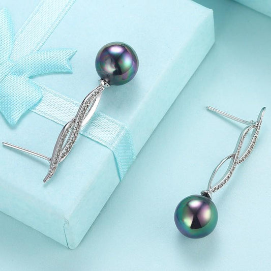 Micro Pav'e Simulated Dimaond Curved Inception Akoya Pearl Dangling Earrings Set in 18K White Gold - ALILY