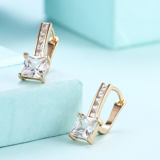 Micro Pav'e Austrian Crystal Princess Cut Leverback Earrings Set in 18K Gold - ALILY