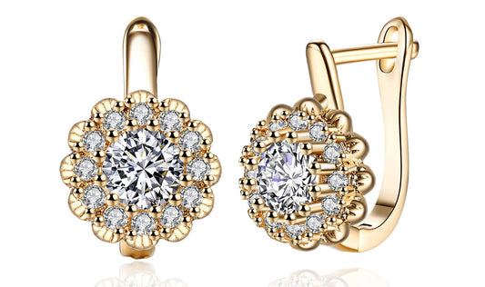 14K Gold Plating Large Floral White  Pav'e Huggies