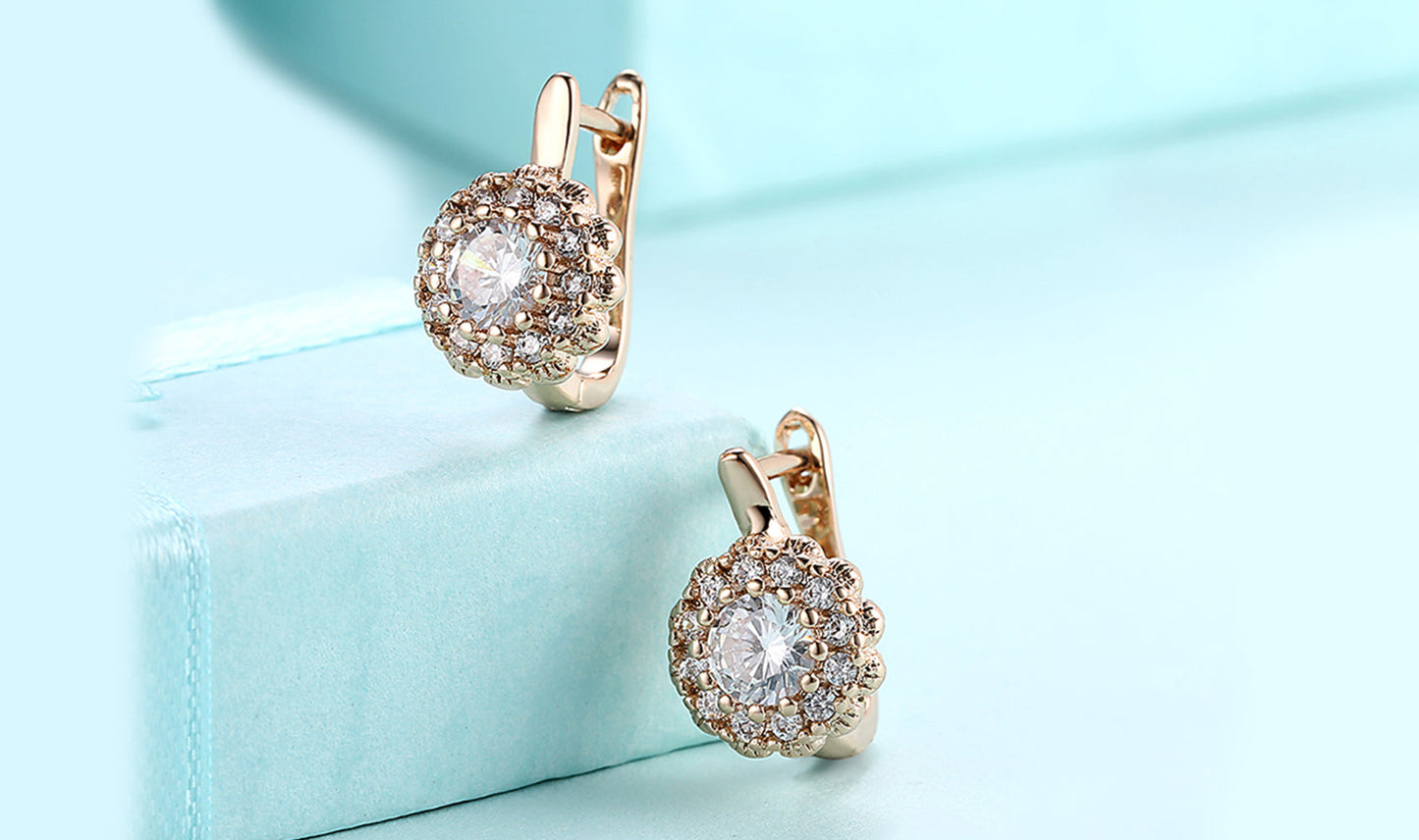 14K Gold Plating Large Floral White  Pav'e Huggies