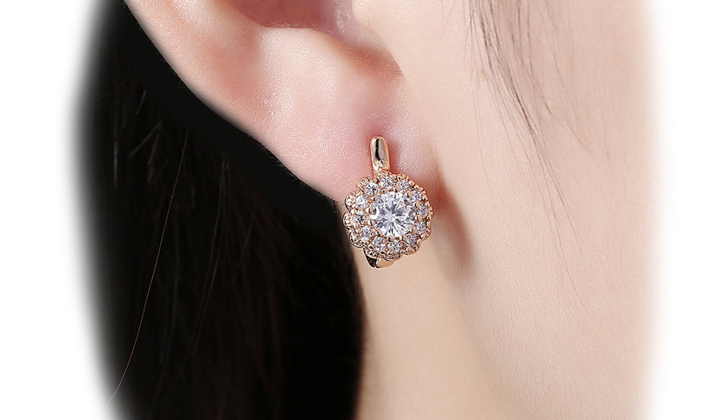 14K Gold Plating Large Floral White Sapphire Pav'e Huggies