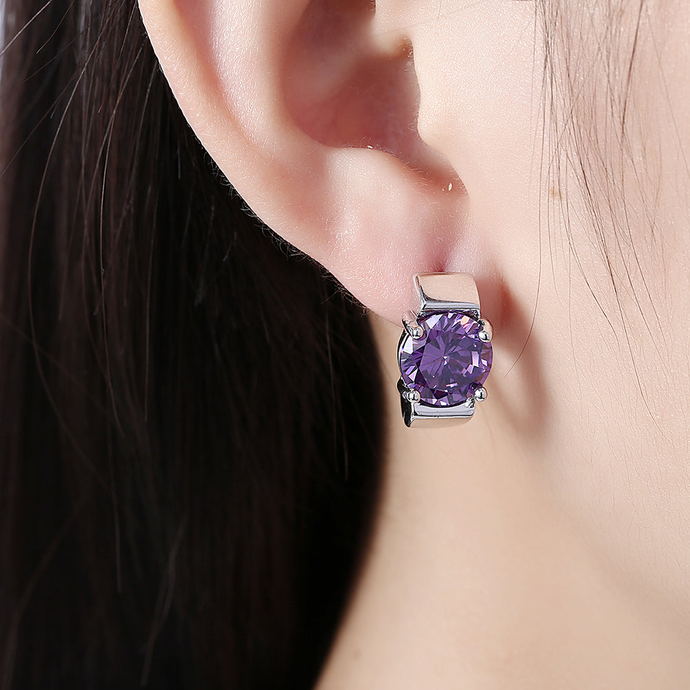 1.00 Ct Amethyst Round Cut Huggie Earring in 18K White Gold Plated