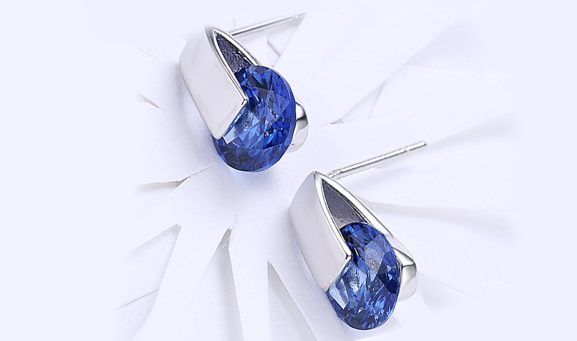 14K White Gold Plating Sleek Blue Sapphire Earrings