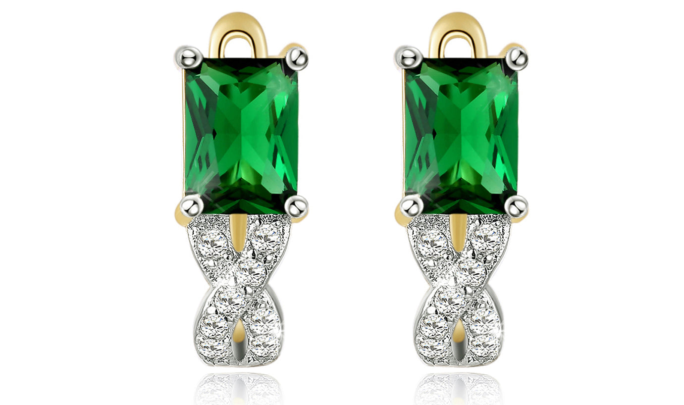 14K Gold Plating Emerald Cut Green  Elements Twisted Pav'e Lever back Earrings
