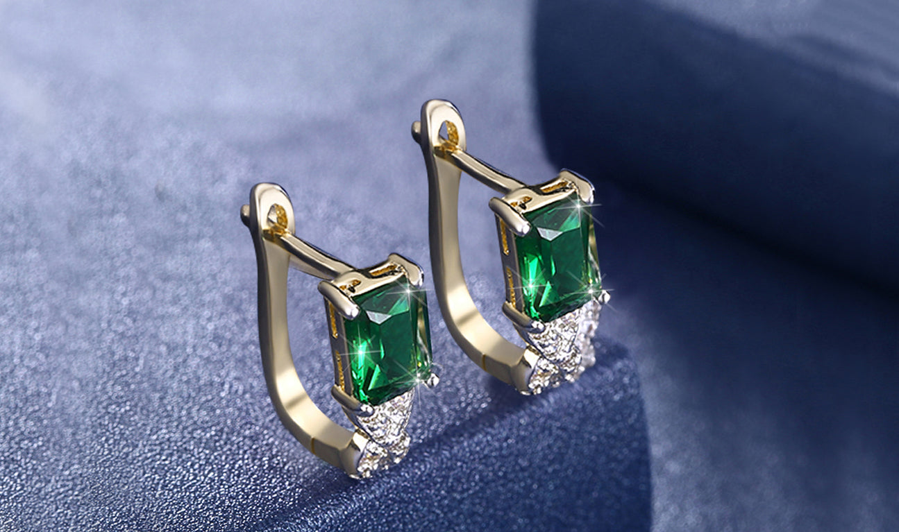 14K Gold Plating Emerald Cut Green  Elements Twisted Pav'e Lever back Earrings