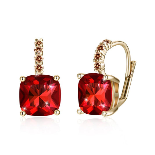 Red Asscher Cut  Pav'e Leverback in 14K Gold