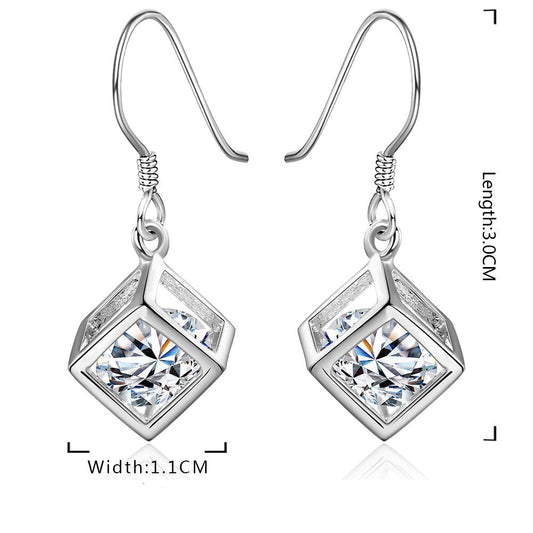 Crystal Cube Drop Earring in 18K White Gold Plated