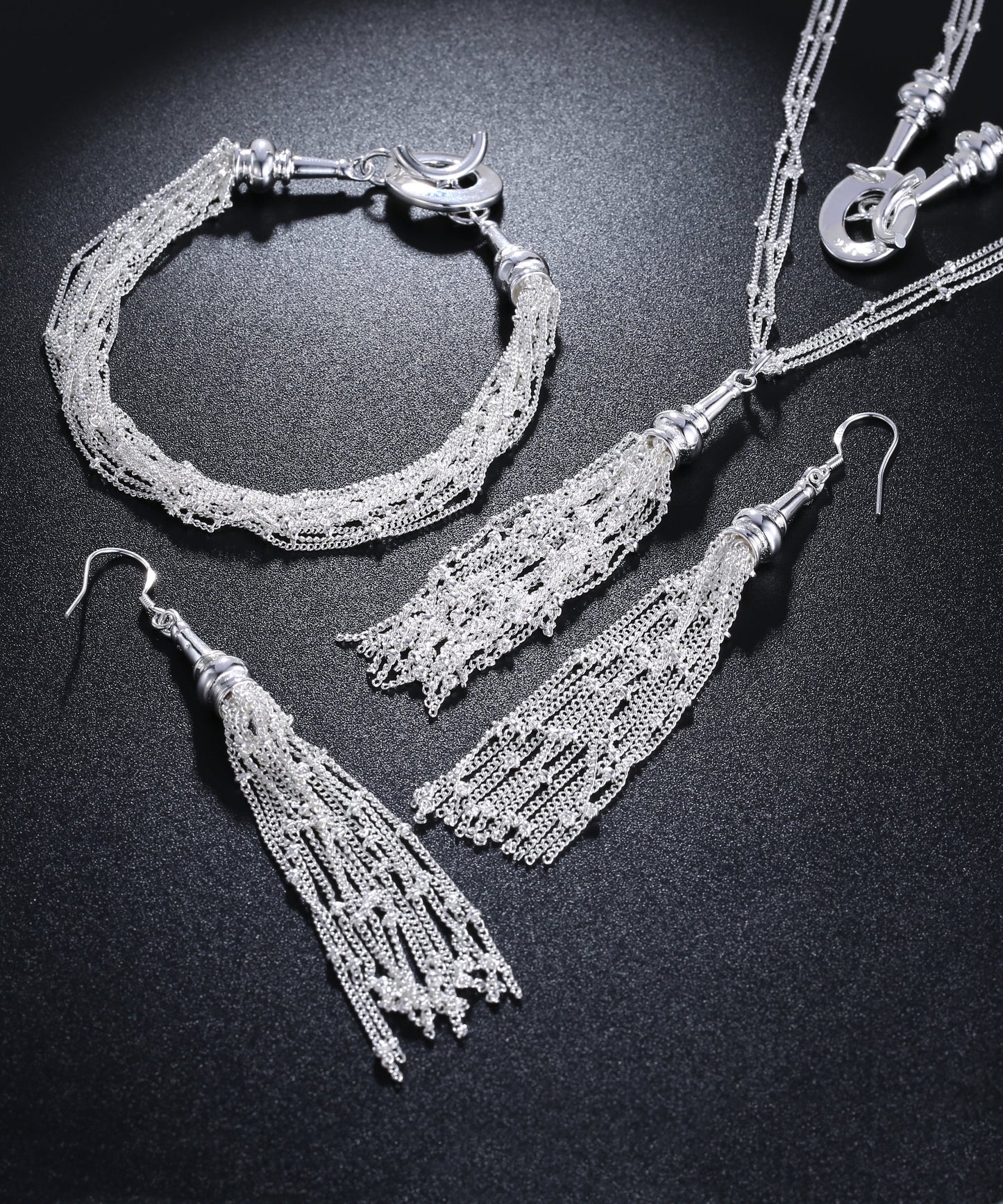 3 Piece Fringe Tassell 18K White Gold Plated Set in 18K White Gold Plated