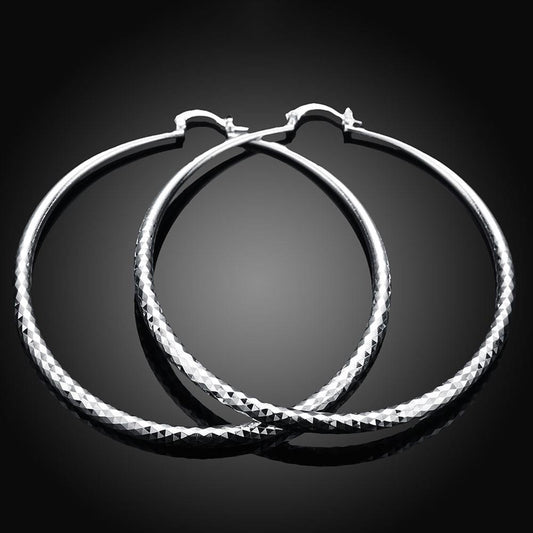 Sleek Silver Plated Roman Ingrain Classic Hoops   - ALILY