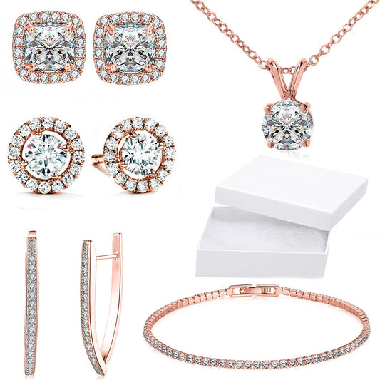 10Ct Tennis Bracelet + Halo Earring+ Necklace With Crystals - 5 Piece Set with Luxe Box - 18K Rose Gold