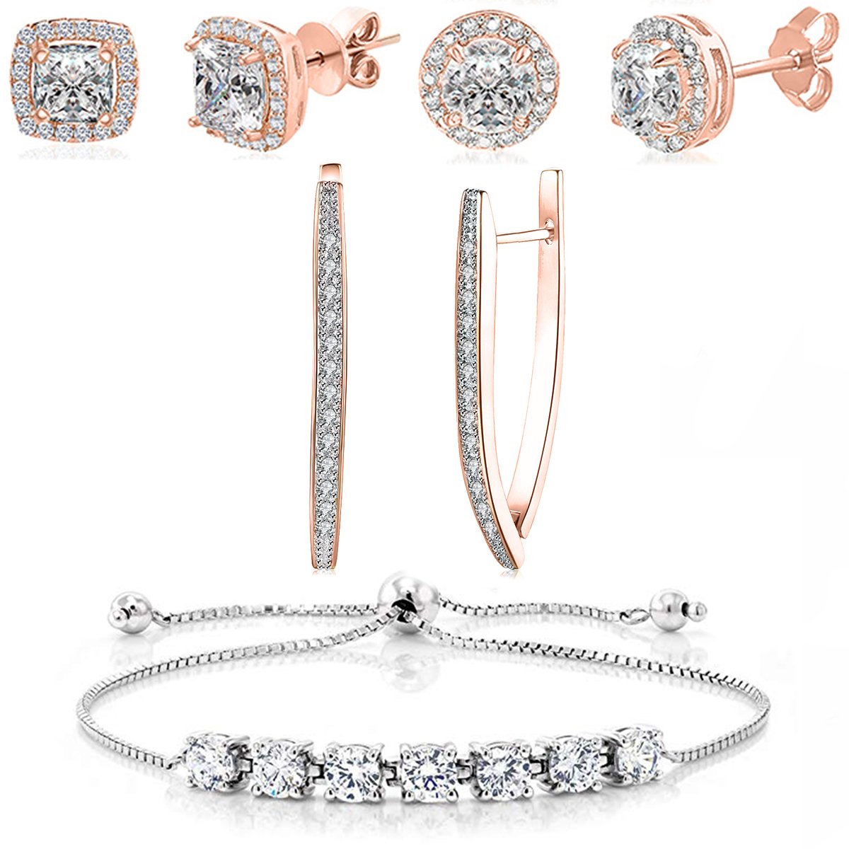 Halo Stud Earring with Adjustable Tennis Bracelet made With Austrian Crystals with Luxe Box - 18K Rose