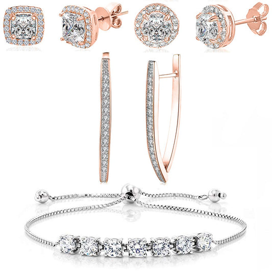 Halo Stud Earring with Adjustable Tennis Bracelet made With Austrian Crystals with Luxe Box - 18K Rose