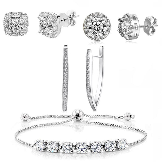 Halo Stud Earring with Adjustable Tennis Bracelet made With Austrian Crystals with Luxe Box - 18K White Gold