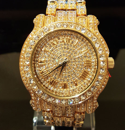 Stainless Steel 18K GOLD Plated Pave Heavy Metal Band Watch - Iced Put Diamond Watch- Bling Hip Hop - ALILY